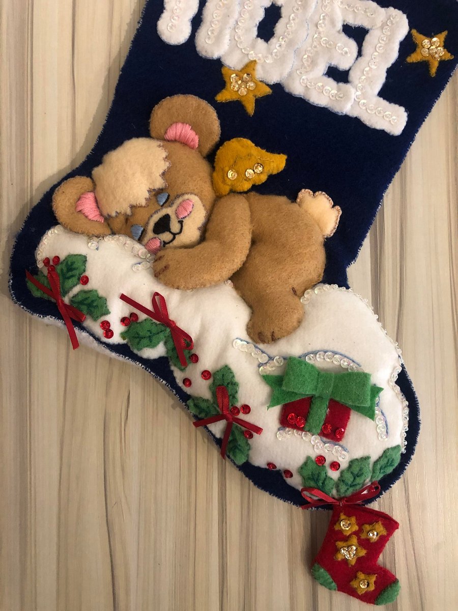 Retro Christmas Stocking, Handmade Vintage BUCILLA, DREAMING TEDDY Holiday Stocking, Stockings with Name, Stocking for Kids