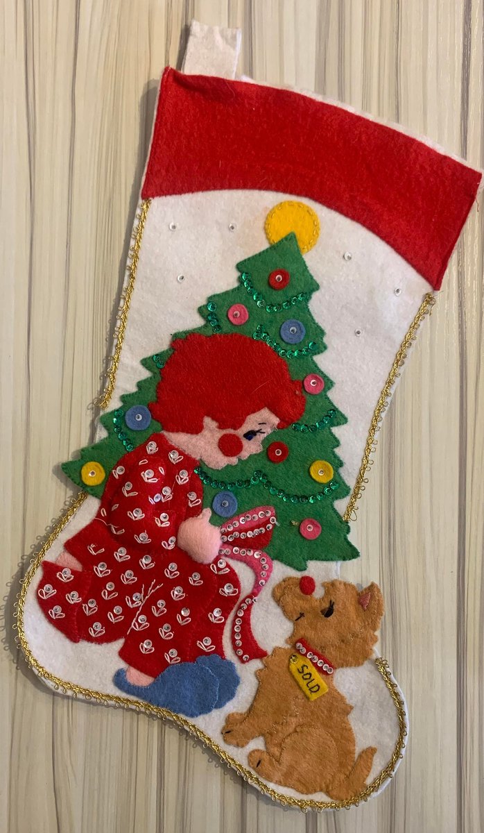 Vintage Christmas Stocking 1960's Handmade Felt Holiday Stocking Girl W/ Sold Puppy Dog Christmas Tree Custom Stockings Wall Art Deco