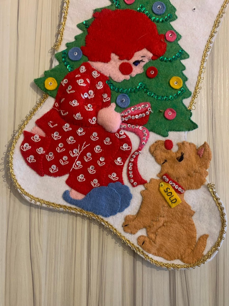 Vintage Christmas Stocking 1960's Handmade Felt Holiday Stocking Girl W/ Sold Puppy Dog Christmas Tree Custom Stockings Wall Art Deco