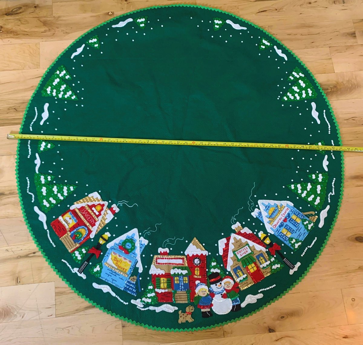 Handmade LINED Tree Skirt, Finished Bucilla CHRISTMAS VILLAGE Tree Skirt, Table Cover #83980 Handmade Trees Houses Winter Village