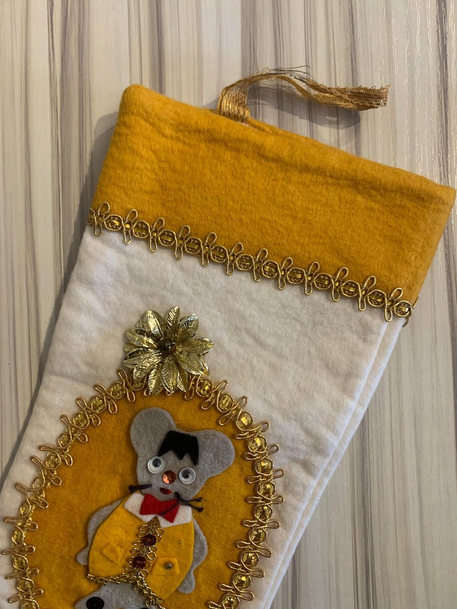Rare Vintage 1960's Christmas Stocking, Handmade FELT ORIGINALS Stocking, Mouse in Deep Yellow Holiday Stocking, Custom Stocking