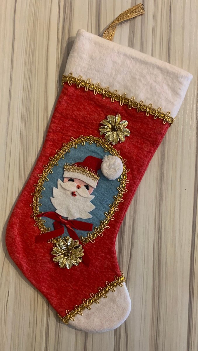 Handmade Christmas Stocking FELT ORIGINALS Santa in Red STOCKING Wreath Vintage Fully Lined Stocking Retro Wall Decor