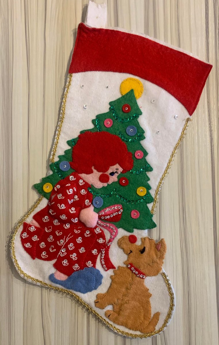 Vintage Handmade Christmas Stocking 1960's Felt Holiday Stocking Girl W/ Puppy Dog Christmas Tree Custom Stockings Wall Art Deco