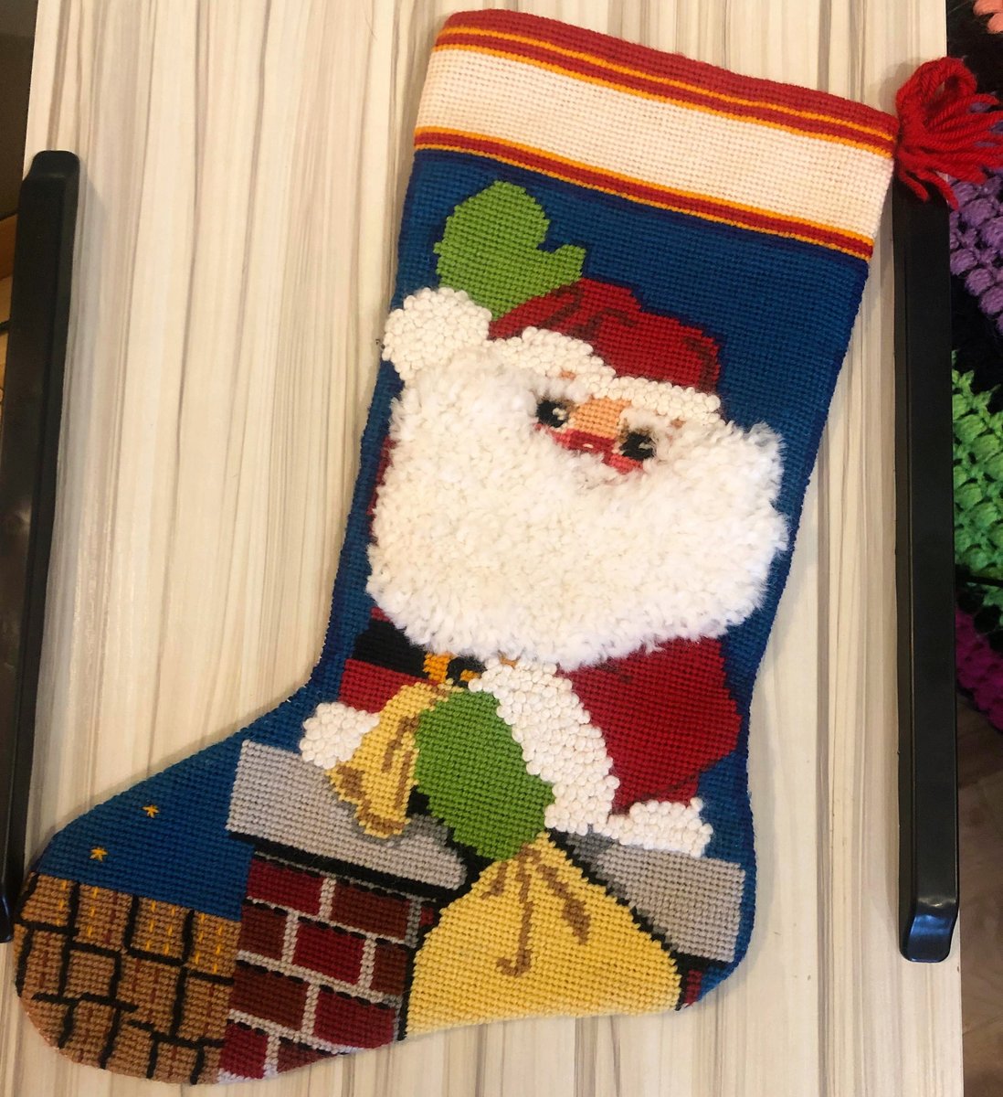 Christmas Stocking, Vintage 1978 SUNSET NEEDLEPOINT, FINISHED Santa on a Rooftop, Needlepoint Holiday Stocking From 6020 Kit