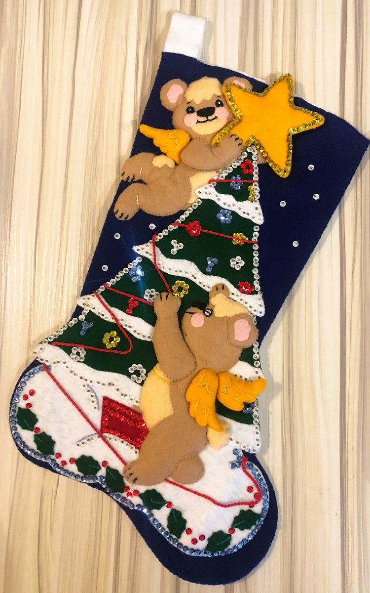 Custom Christmas Stocking, Handmade Bucilla Vintage 1980's Trimming Teddies Felt Holiday Stocking, #82608, Teddy Bear Stocking