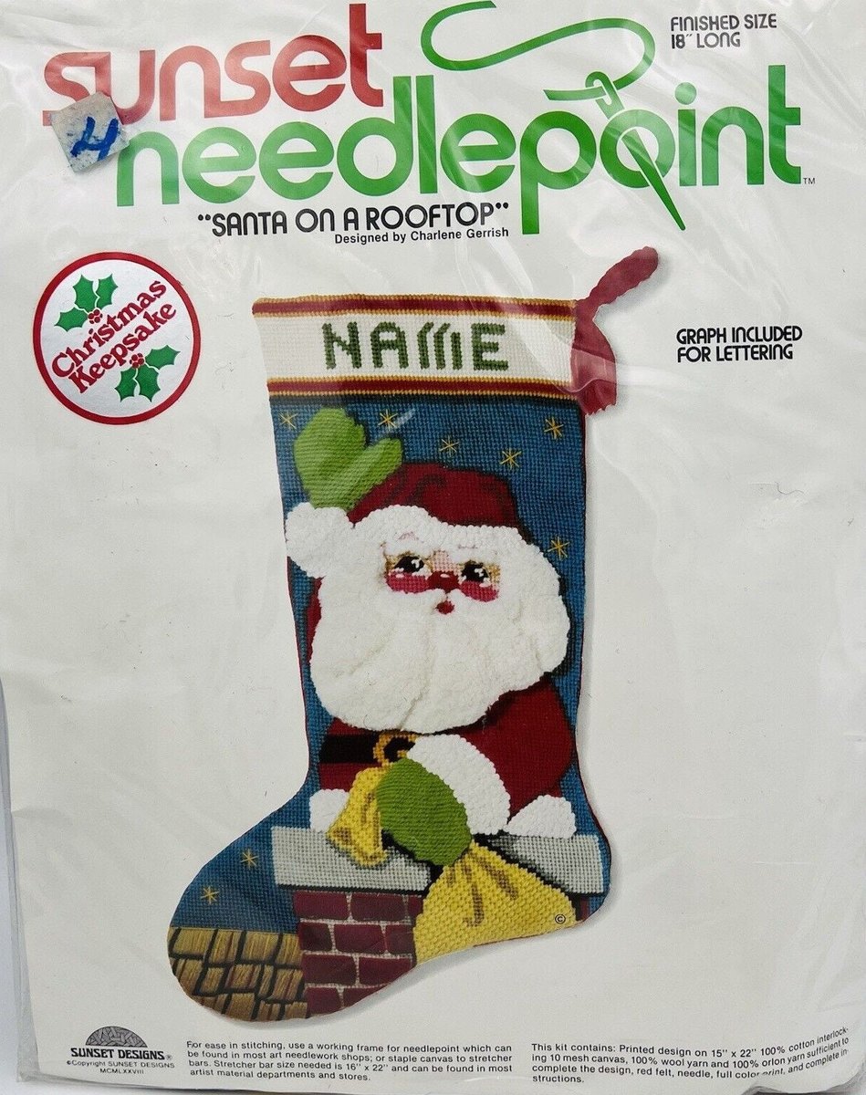 Christmas Stocking, Vintage 1978 SUNSET NEEDLEPOINT, FINISHED Santa on a Rooftop, Needlepoint Holiday Stocking From 6020 Kit