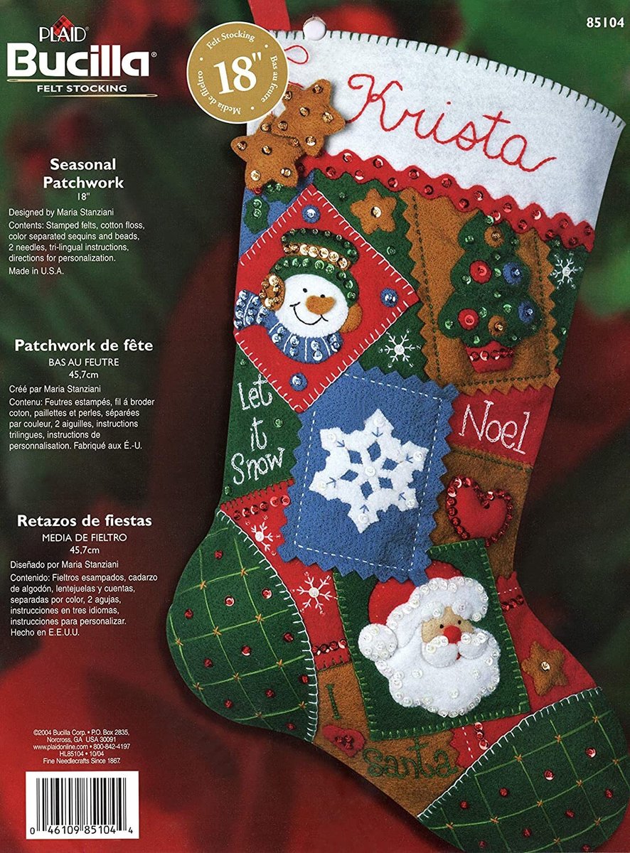 Handmade Christmas Stocking, Finished Bucilla Kit, Seasonal Patchwork Handmade, #85104, Santa Claus, Snowman, Christmas Tree,