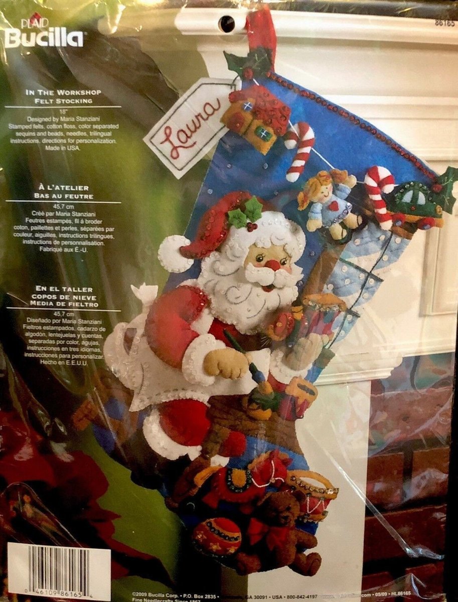 Family Stockings, Personalized Stockings, NEW Bucilla FINISHED In The Workshop Handmade Santa Claus Christmas Stocking Fireplace Decor