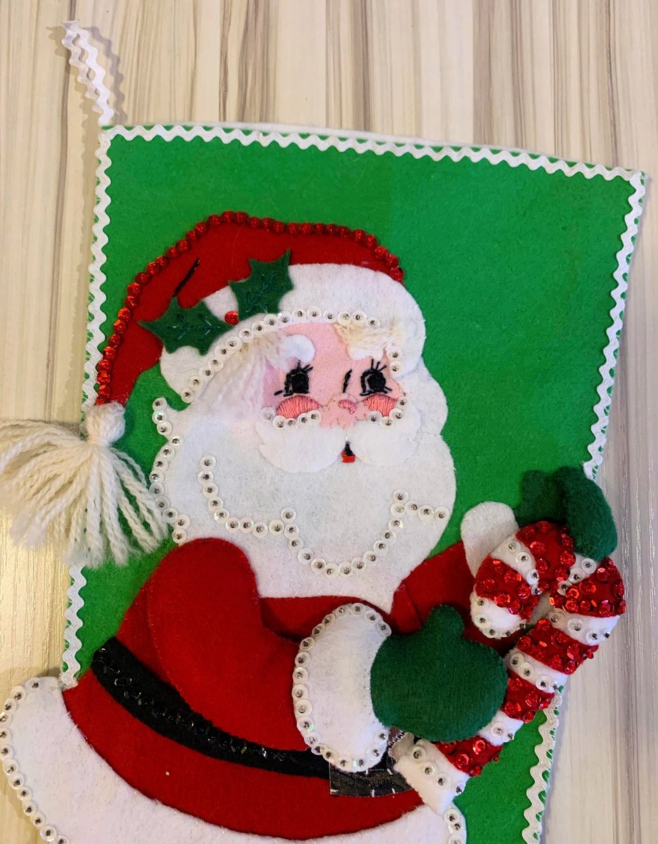 Christmas Stocking, Custom Stocking, Handmade Bucilla Santa & Candy Cane Jeweled Holiday Stocking, 1980's Personalized Stocking, 32263