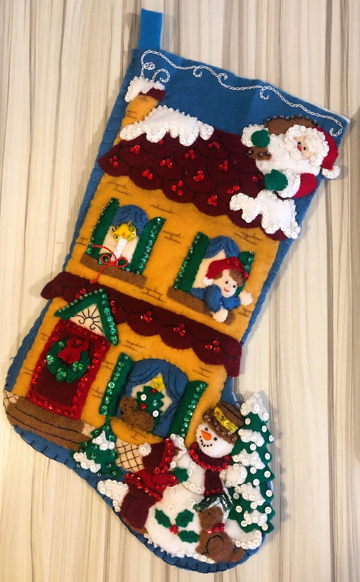 Handmade Custom Stocking, Bucilla VICTORIAN HOUSE Santa Claus Felt Holiday Stocking Christmas Stockings Fireplace Decor Christmas Socks