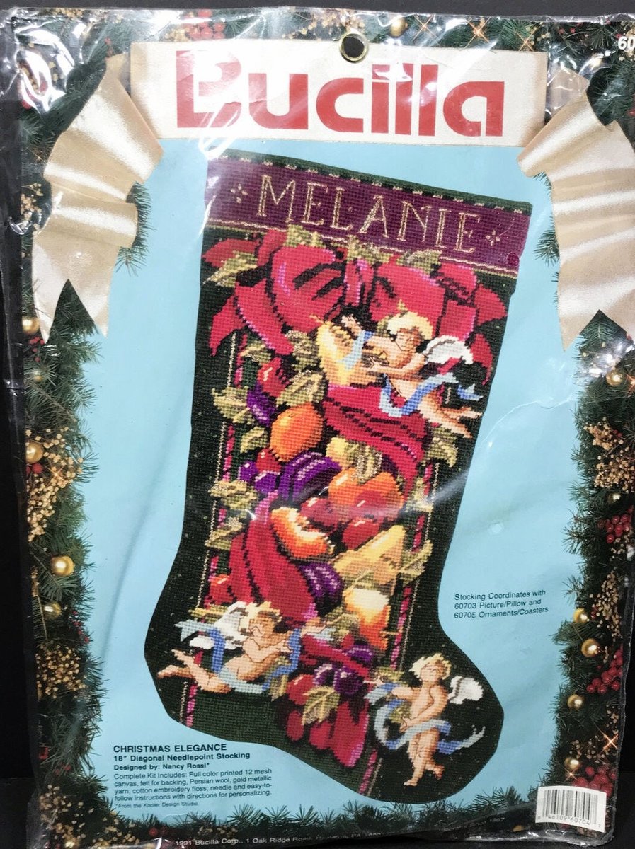 Handmade Christmas Stocking, Vintage Bucilla Finished Kit, Christmas Elegance Angels Holiday Needlepoint Stocking Embroidery 60704