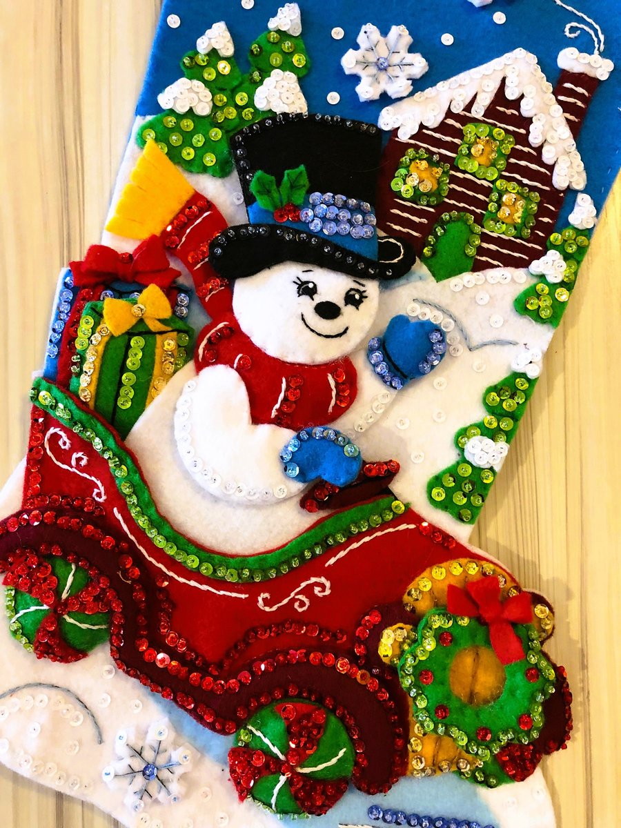 Christmas Stocking, Handmade SNOWMAN DELIVERIES #89456E, Embroidered Stocking, Finished BUCILLA Kit, Fireplace Decor, Personalized Stocking