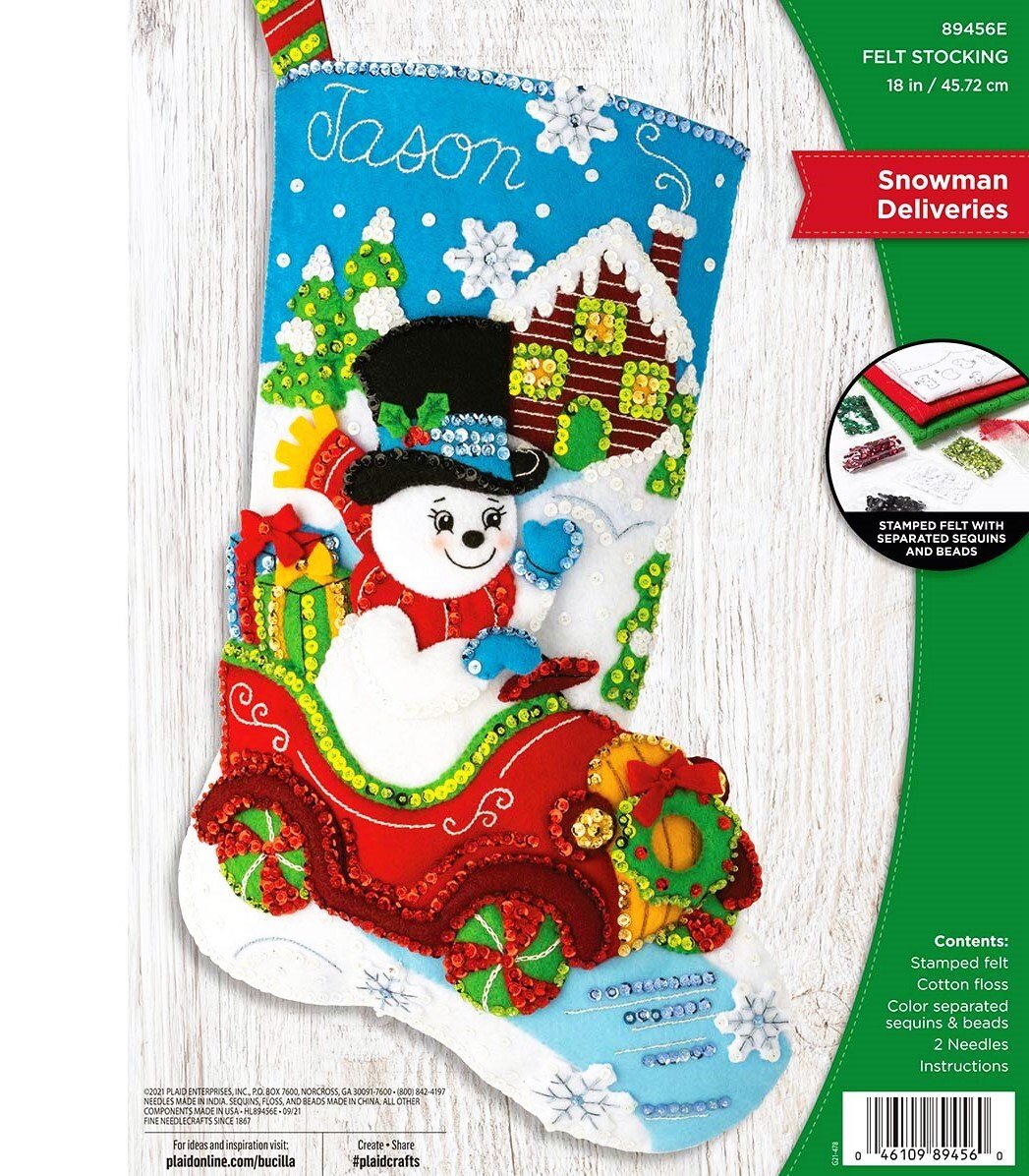 Christmas Stocking, Handmade SNOWMAN DELIVERIES #89456E, Embroidered Stocking, Finished BUCILLA Kit, Fireplace Decor, Personalized Stocking
