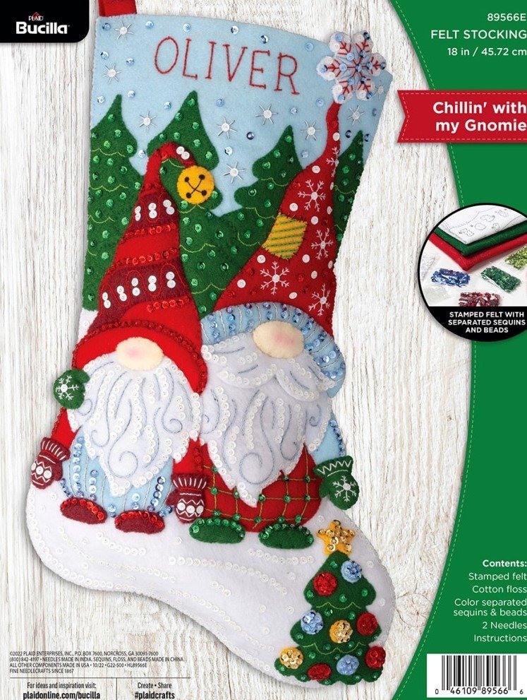New Handmade Christmas Stocking BUCILLA Chillin' With My Gnomie Felt Christmas Stocking, Gnome Stocking, Embroidered Stockings
