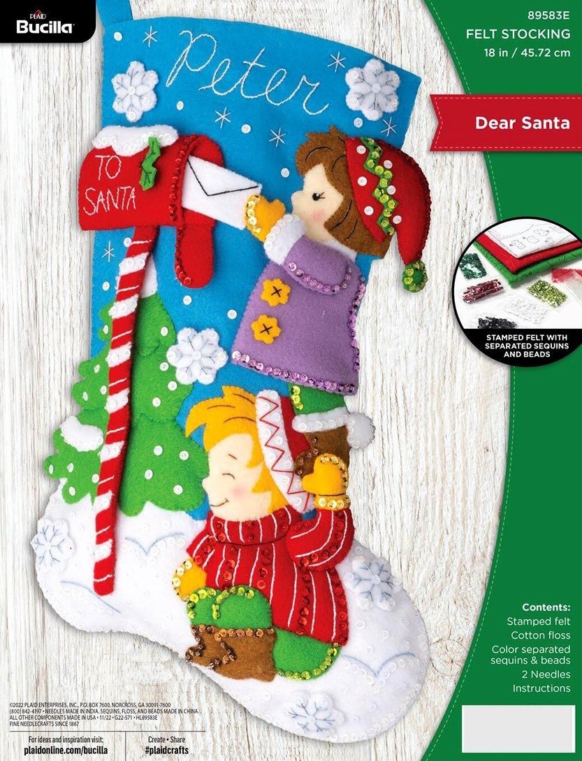 Christmas Stocking BUCILLA DEAR SANTA Felt Christmas Stocking, New Handmade Bucilla Kit Custom Stockings Embroidered Stockings