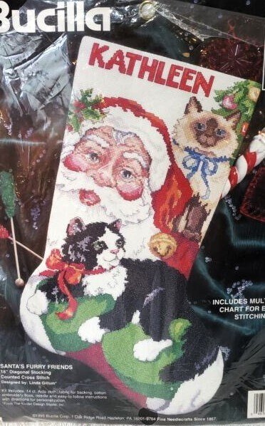 Christmas Stocking, FINISHED 1995 Bucilla Santa's Furry Friends Stocking, Handmade Counted Cross Stitch Holiday Stocking, Needlepoint