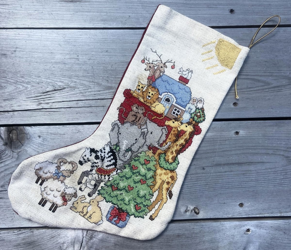 Rare Vintage SUNSET Counted Cross Stitch NOAH's ARK Christmas Stocking, Handmade Holiday Stocking, Custom Stockings, Embroidered Stockings