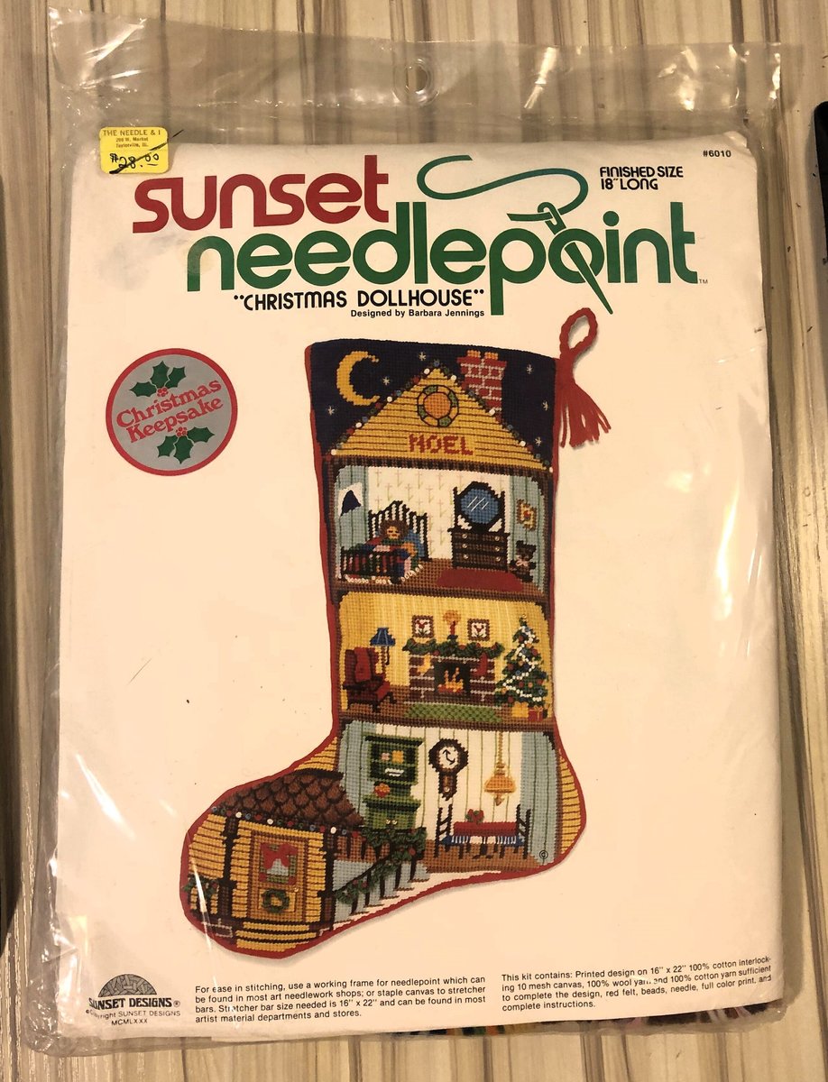 Vintage 1980 Sunset Needlepoint Kit, CHRISTMAS DOLLHOUSE Christmas Stocking Kit, DIY Holiday Stocking Craft Kit Needlework Sunset Stitchery