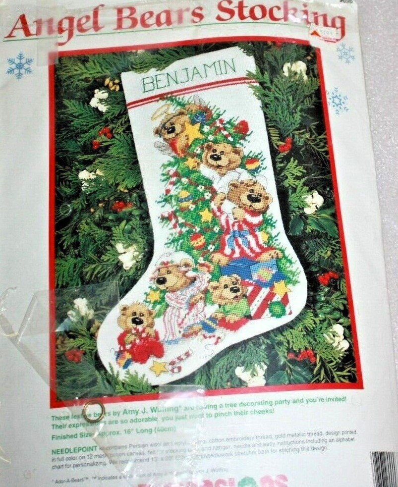 Christmas Stocking, FINISHED 1994 Dimensions Angel Bears Stocking, Handmade Counted Cross Stitch Holiday Stocking, Needlepoint