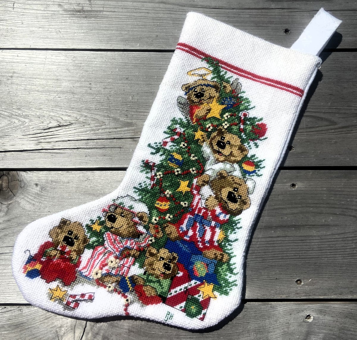 Christmas Stocking, FINISHED 1994 Dimensions Angel Bears Stocking, Handmade Counted Cross Stitch Holiday Stocking, Needlepoint