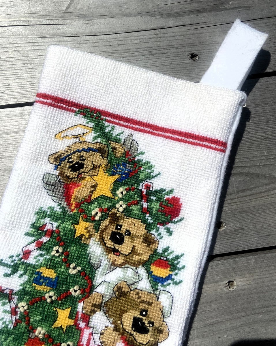 Christmas Stocking, FINISHED 1994 Dimensions Angel Bears Stocking, Handmade Counted Cross Stitch Holiday Stocking, Needlepoint