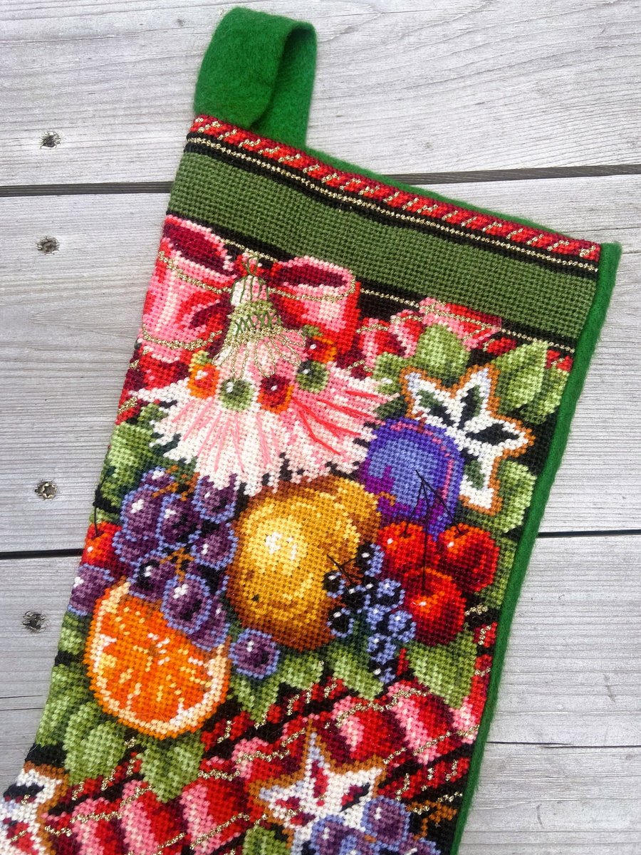 Christmas Stocking Vintage Finished BUCILLA DELLA ROBBIA 60768 Needlepoint Stocking Holiday Fruit Flowers Embroidered Stocking