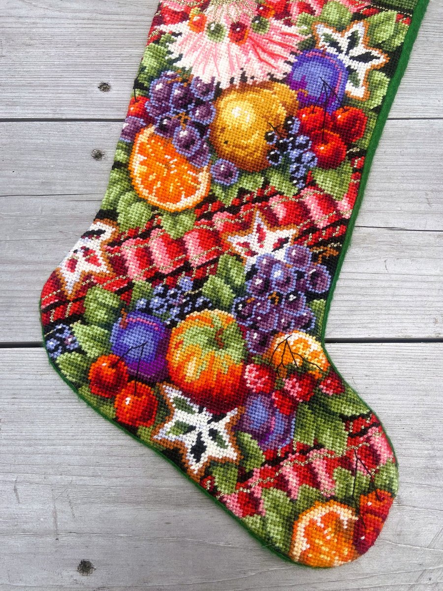 Christmas Stocking Vintage Finished BUCILLA DELLA ROBBIA 60768 Needlepoint Stocking Holiday Fruit Flowers Embroidered Stocking