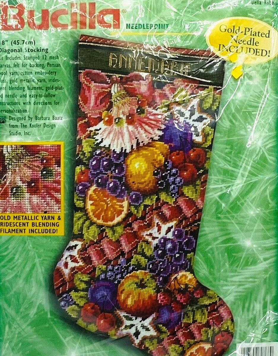 Christmas Stocking Vintage Finished BUCILLA DELLA ROBBIA 60768 Needlepoint Stocking Holiday Fruit Flowers Embroidered Stocking