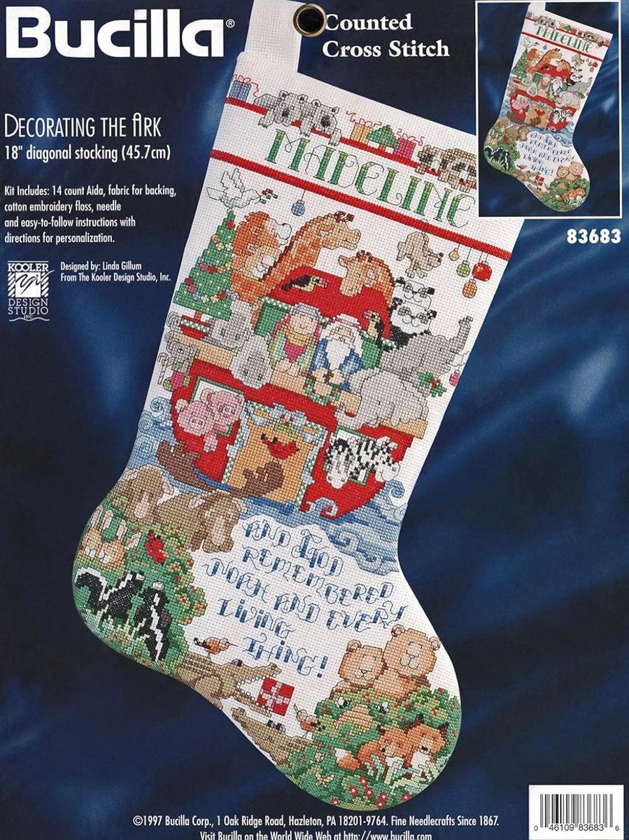 Christmas Stocking New Vintage Finished BUCILLA Counted Cross Stitch DECORATING the ARK Holiday Stocking, Handmade Embroidered Stocking