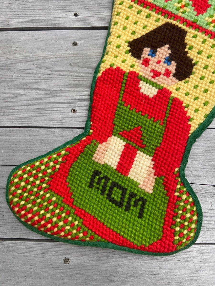 Handmade Christmas Stocking Vintage Retro Handmade FINISHED 1970s "MOM" Needlepoint Christmas Stocking Holiday Decor