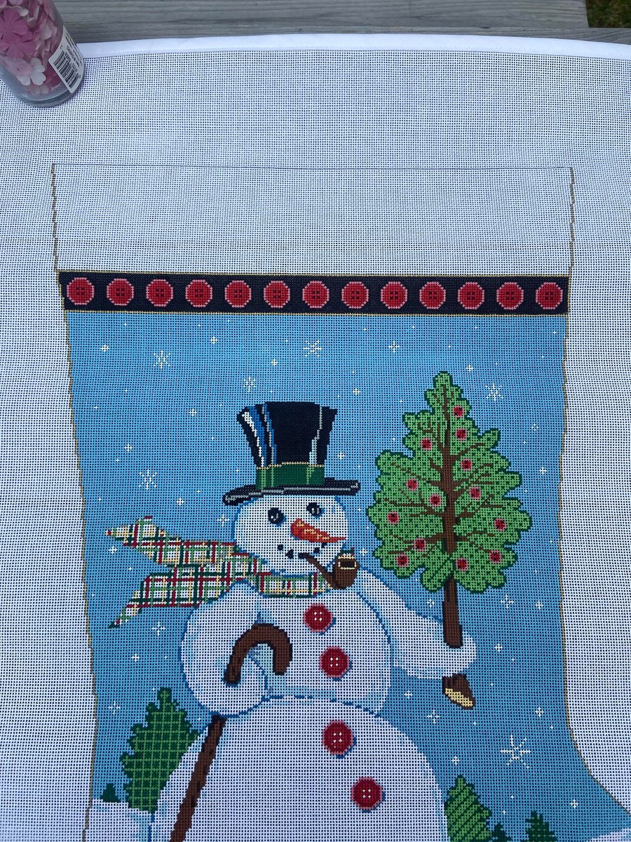 Handpainted Needlepoint NEW Vintage BUTTONED UP Super Jumbo Christmas Stocking Canvas Snowman with Cane