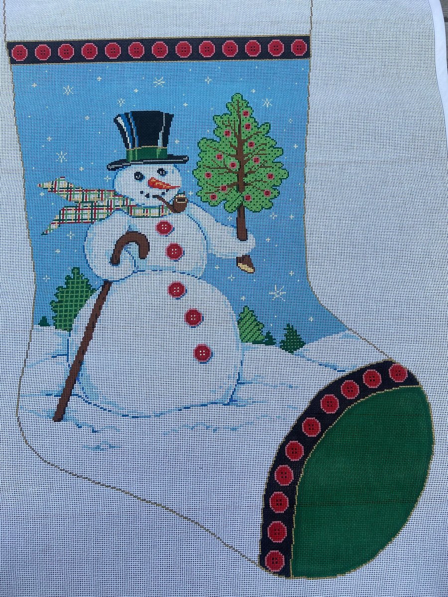 Handpainted Needlepoint NEW Vintage BUTTONED UP Super Jumbo Christmas Stocking Canvas Snowman with Cane
