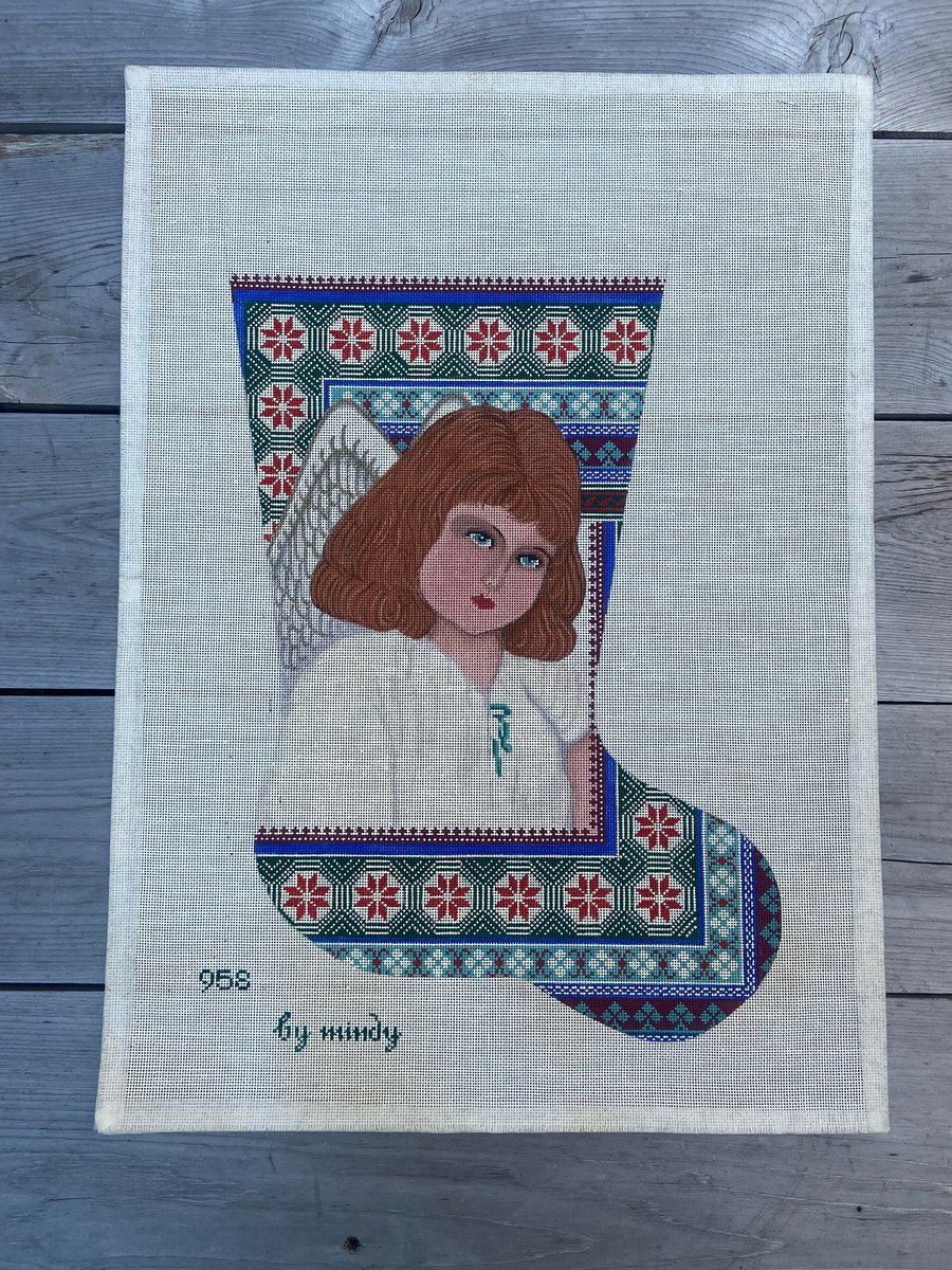 Needlepoint Christmas Stocking Canvas | Handpainted MINDY Design Holiday Stocking Canvas | Angel Stocking Religious Stocking
