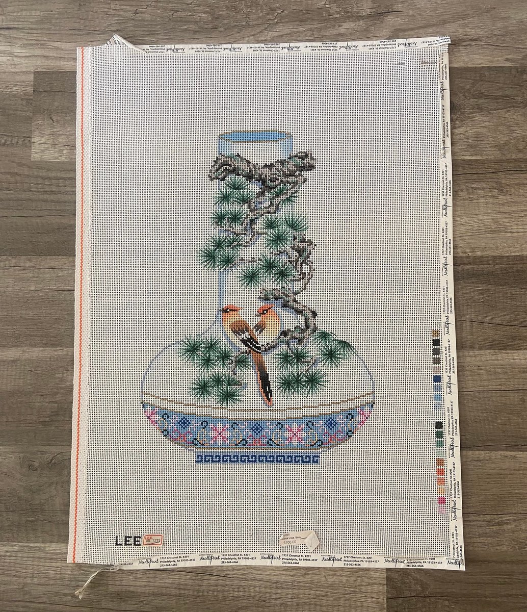 LARGE New Vintage Handpainted LEE Oriental Vase With Birds Needlepoint Canvas Hand Painted Gorgeous Design Birds Wildlife Embroidery