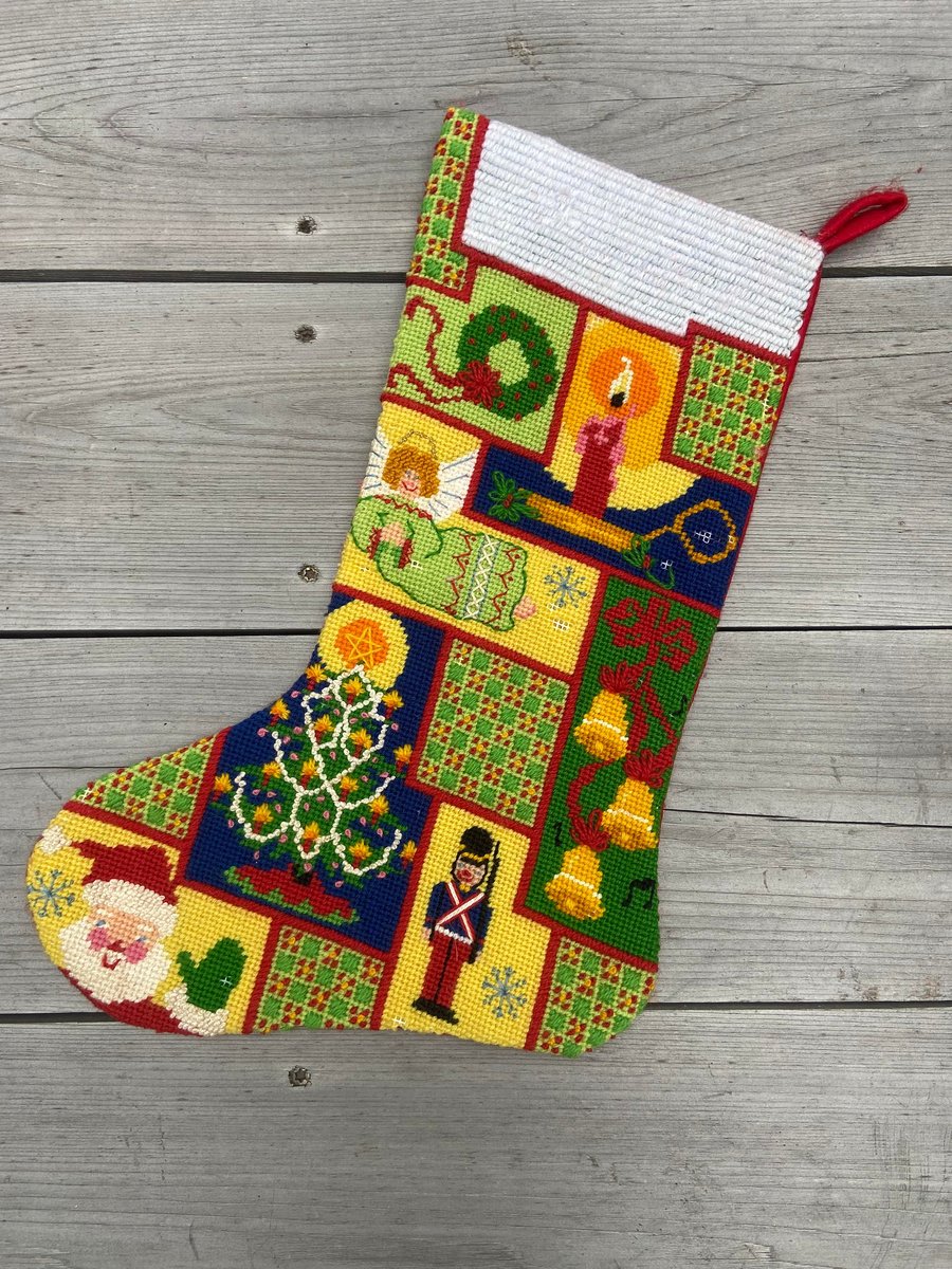Handmade Christmas Stocking Vintage FINISHED 1980s Dimensions PATCHWORK STOCKING Christmas Holiday Stocking 9023