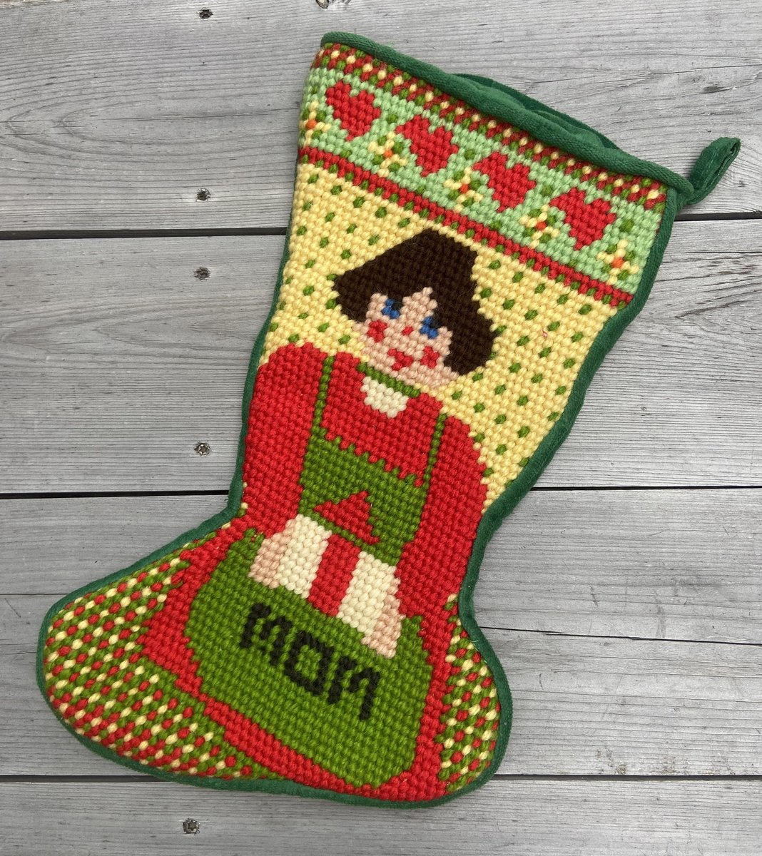Handmade Christmas Stocking Vintage Retro Handmade FINISHED 1970s "MOM" Needlepoint Christmas Stocking Holiday Decor