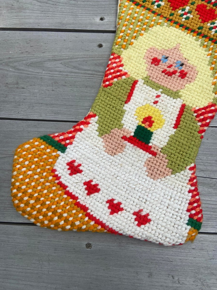 Handmade Christmas Stocking Vintage Retro Handmade FINISHED 1970s "GIRL" Needlepoint LINED Christmas Stocking Holiday Decor