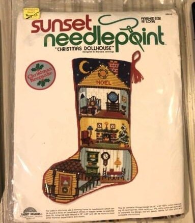 Finished Vintage 1980s Sunset CHRISTMAS DOLLHOUSE Handmade Needlepoint Holiday Decor