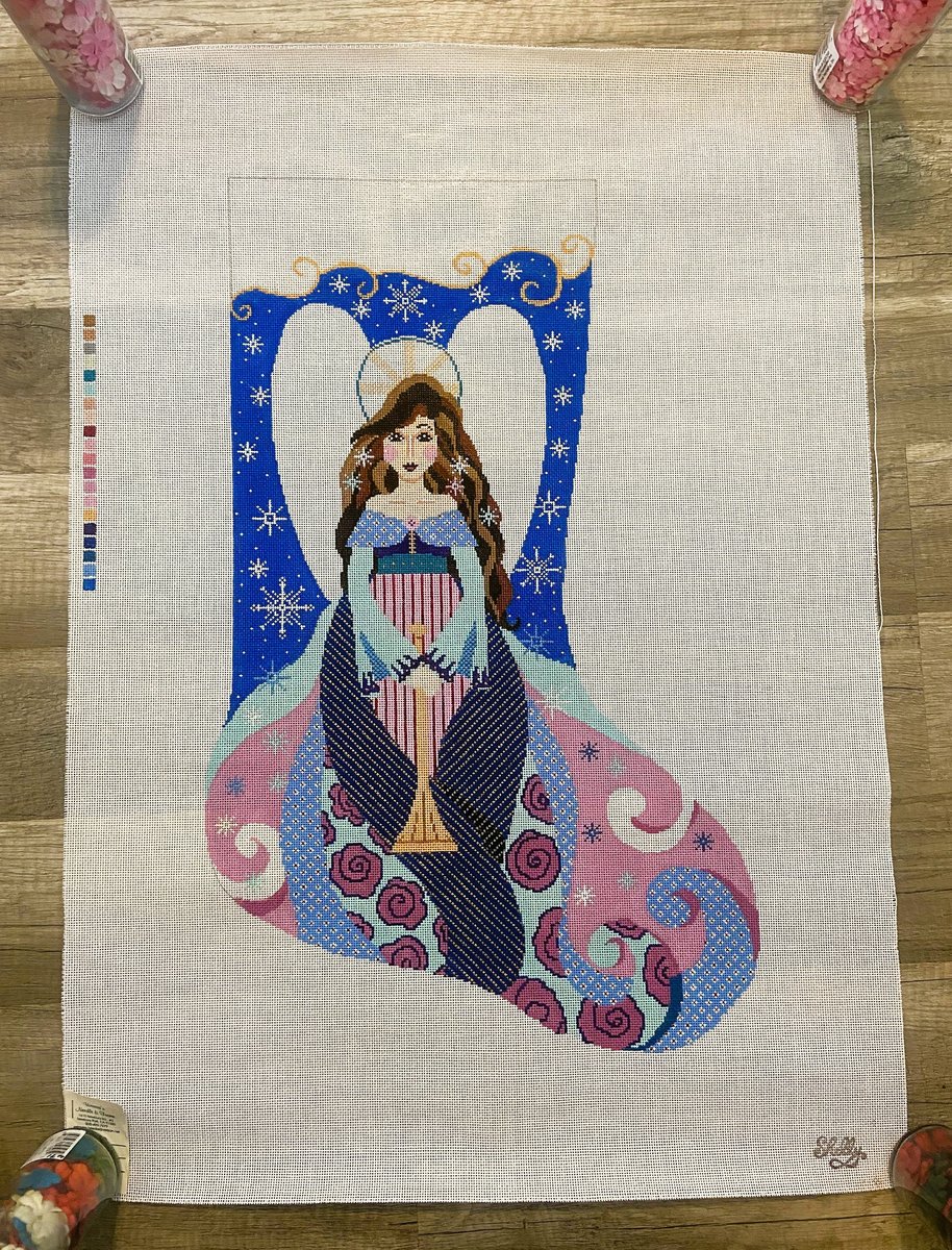 Handpainted Needlepoint Christmas Stocking SHELLY TRIBBEY Lady Angel with Trumpet Canvas Holiday Stocking Embroidery