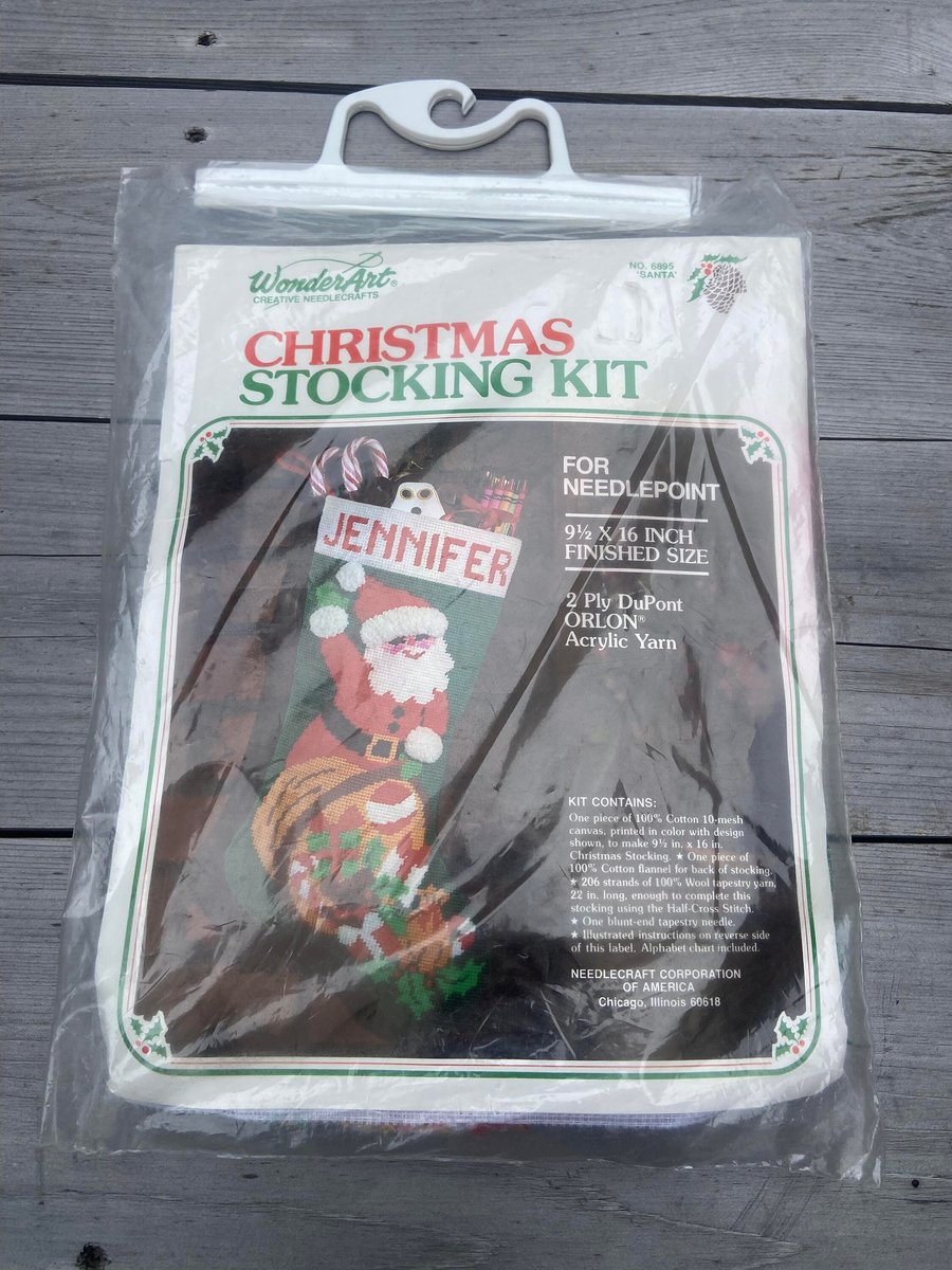 FINISHED Christmas Stocking Vintage 1980's WonderArt 'SANTA' 6895 Needlepoint Holiday Decor