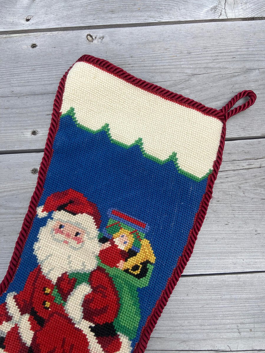 Christmas Holiday Stocking FINISHED Vintage 1980s Santa Down The Chimney Lined Needlepoint Embroidered Stocking