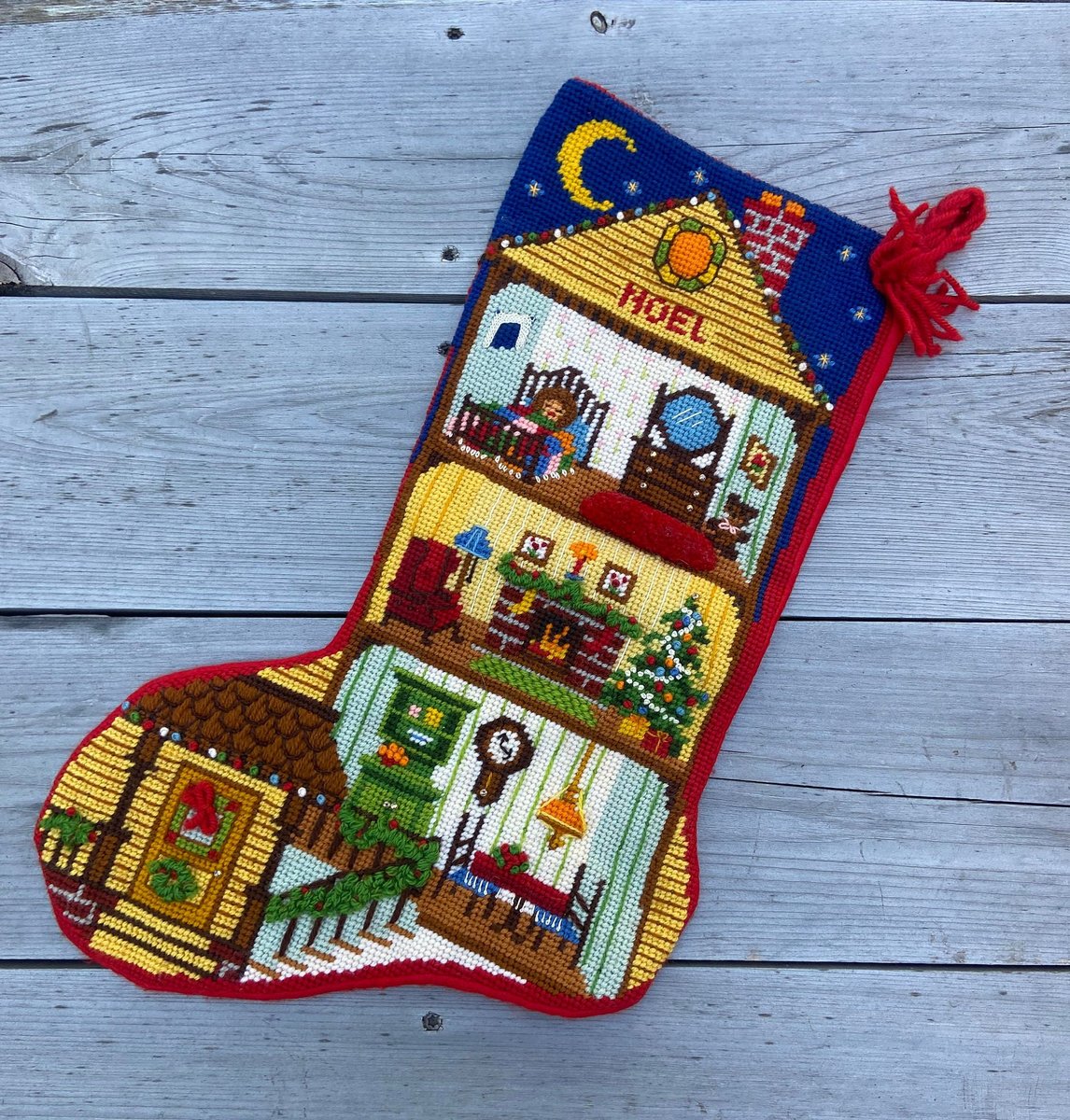 Finished Vintage 1980s Sunset CHRISTMAS DOLLHOUSE Handmade Needlepoint Holiday Decor