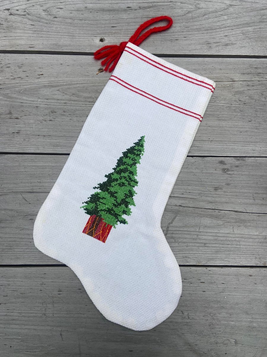 Finished Vintage Christmas Stocking SUNSET Jingles Trims A Tree Needlepoint Holiday Needlework Sunset Stitchery