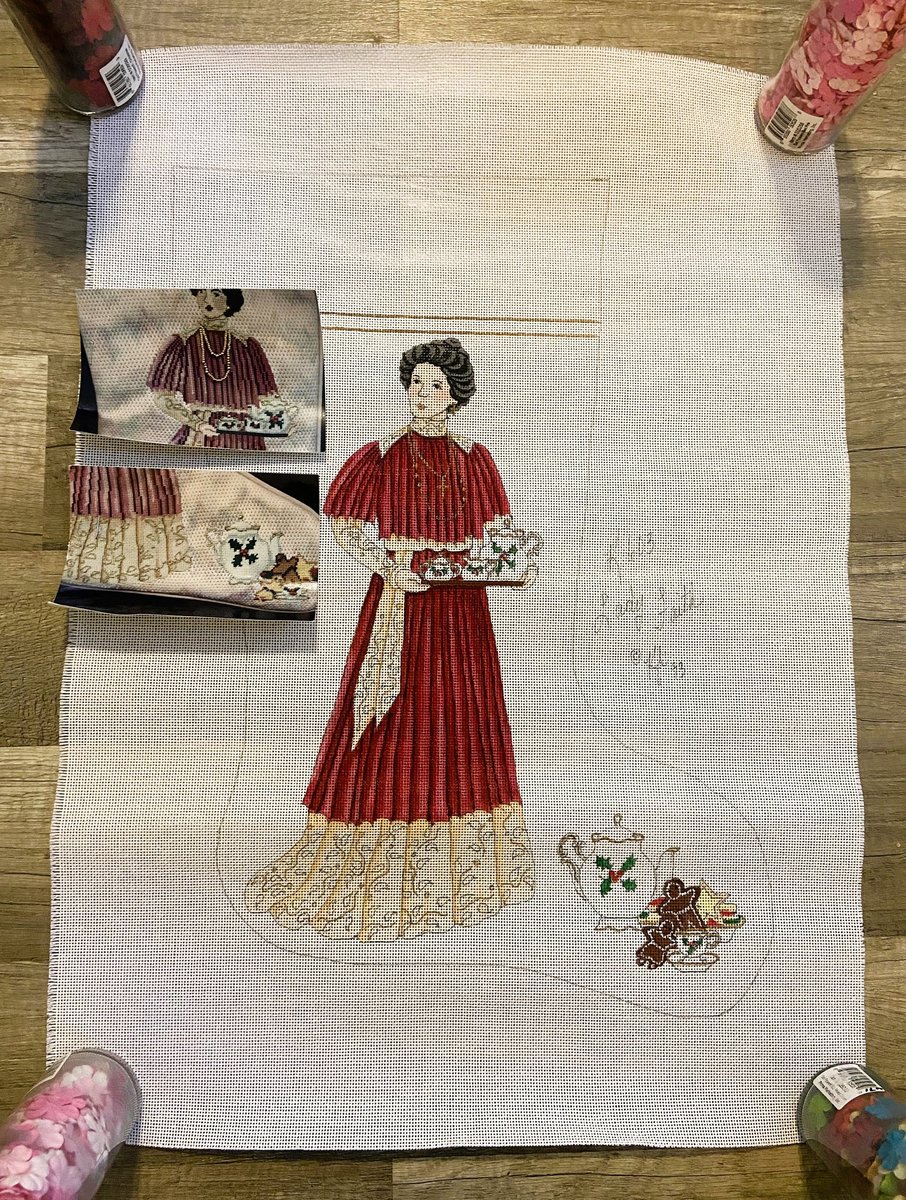 Needlepoint Christmas Stocking Canvas Joan Thomasson Victorian LADY FAITH Tea Time K603 Holiday Stocking
