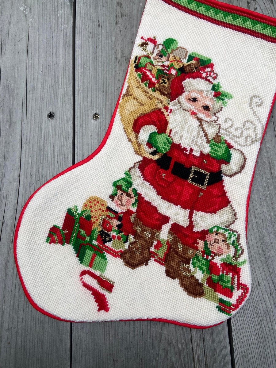 Christmas Stocking FINISHED Vintage NEEDLE TREASURES Santa and His Elves Needlepoint Holiday Stocking Toys Bag Pipe