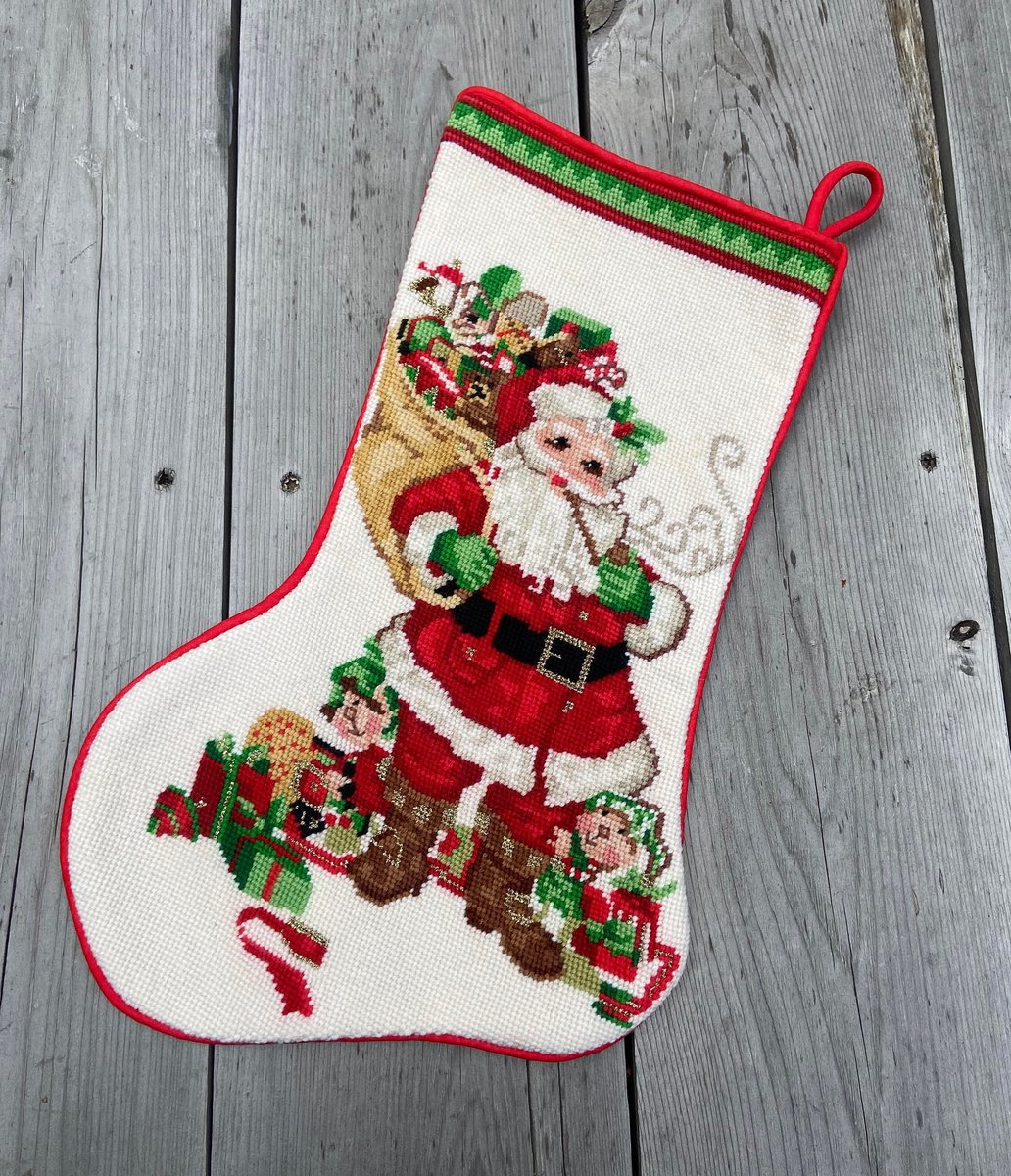 Christmas Stocking FINISHED Vintage NEEDLE TREASURES Santa and His Elves Needlepoint Holiday Stocking Toys Bag Pipe