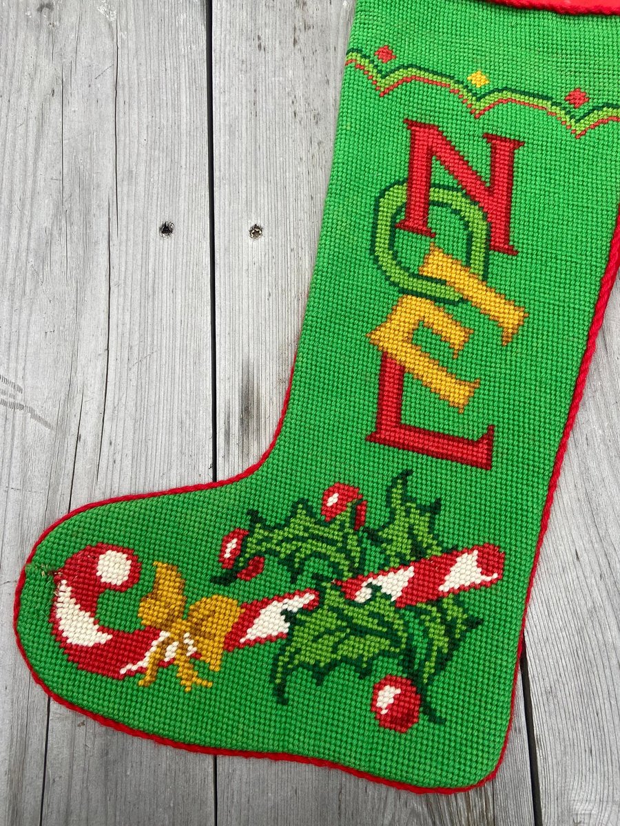 Christmas Holiday Stocking Vintage BUCILLA Noel Christmas Heirloom 30701 Lined Needlepoint Candycane Mistletoe