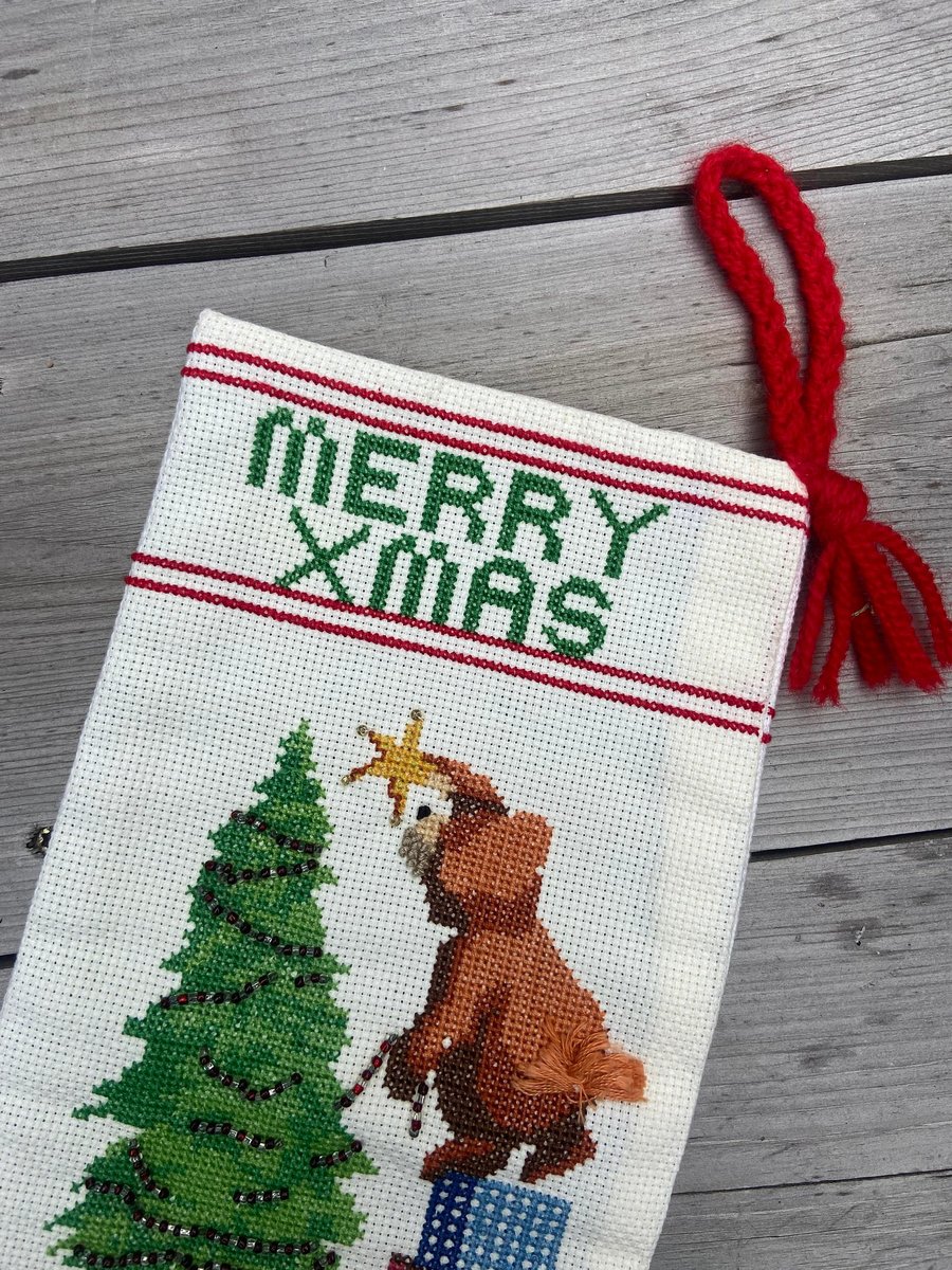 Finished Vintage Christmas Stocking SUNSET Jingles Trims A Tree Needlepoint Holiday Needlework Sunset Stitchery