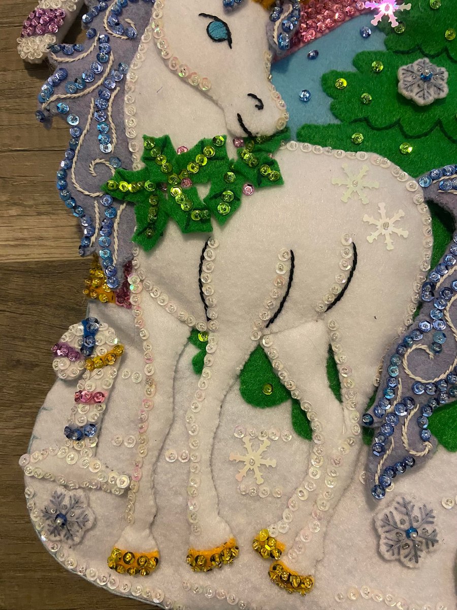 Bucilla Christmas Stockings Handmade LINED Santa's Unicorn Festive Holiday Fun Gift For Kids Unicorn and Rainbow Wall Art Decor