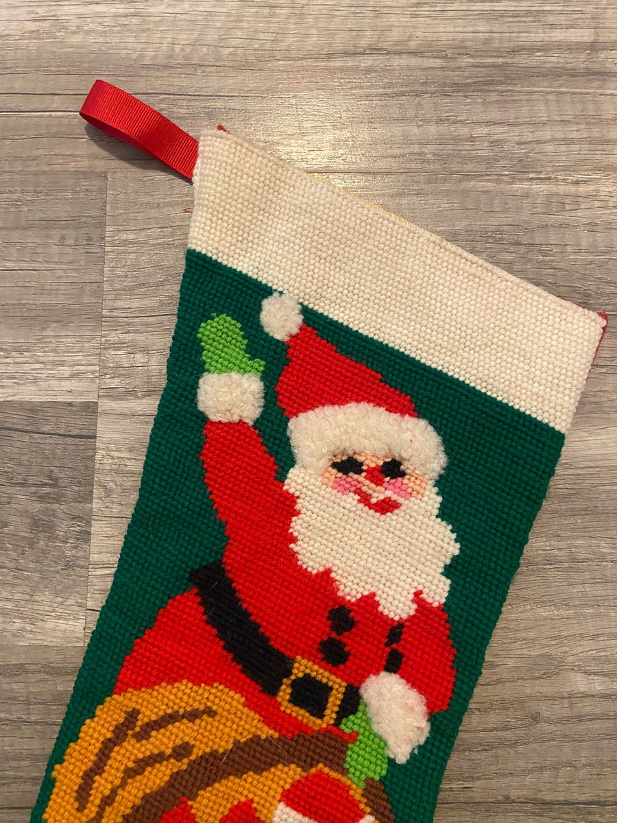 FINISHED Christmas Stocking Vintage 1980's WonderArt 'SANTA' 6895 Needlepoint Holiday Decor
